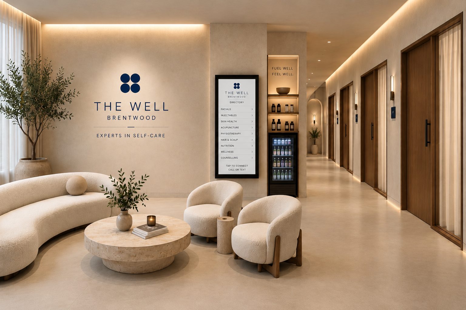 THE WELL waiting area concept rendering with curved couches and lounge seating